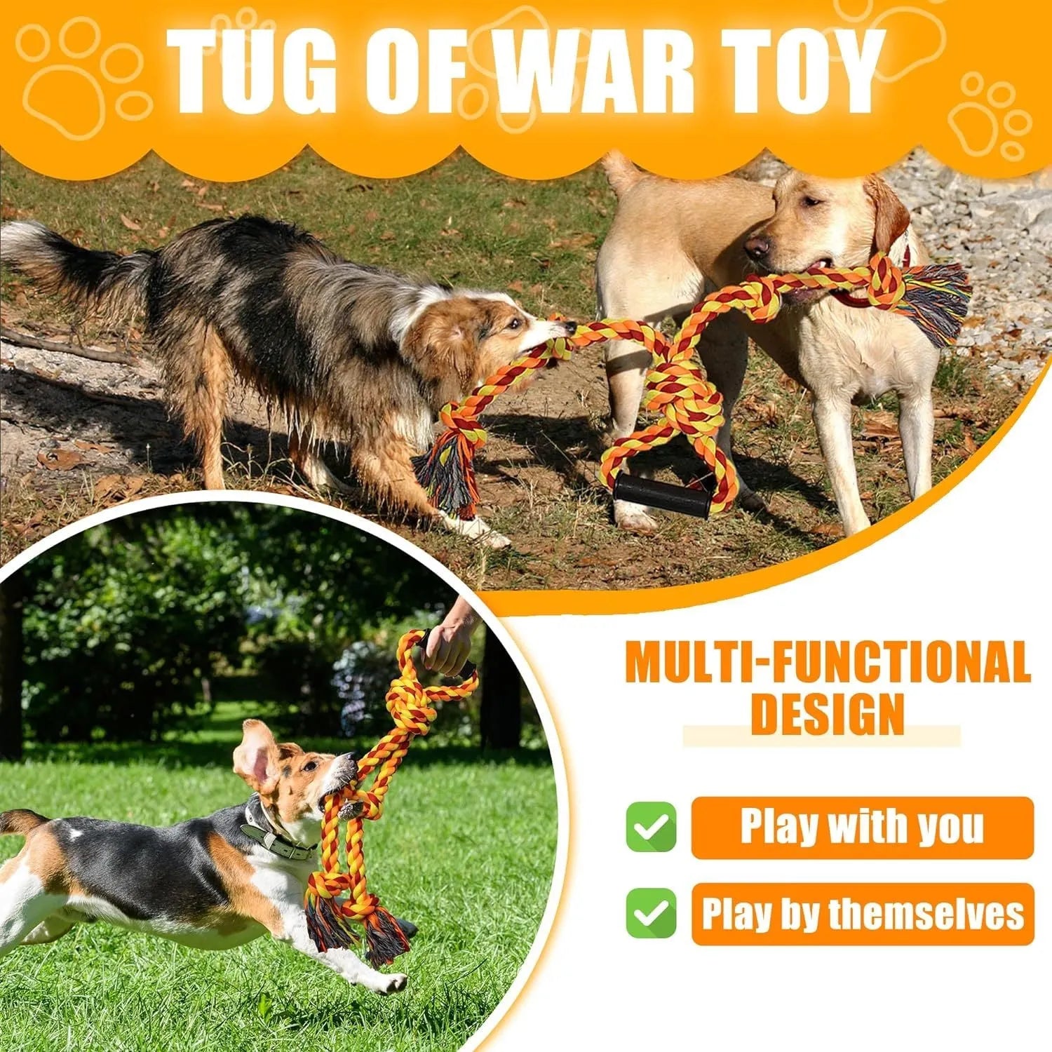 Blue and yellow durable cotton dog tug rope toy with ergonomic handle for large breeds.