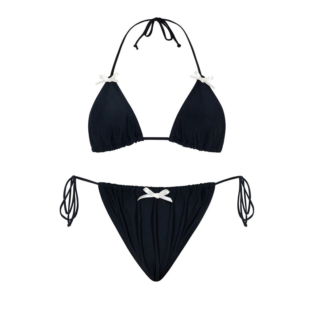 Women's polyester two-piece bikini swimsuit with solid colour, backless top, bow tie detail, sizes S M L
