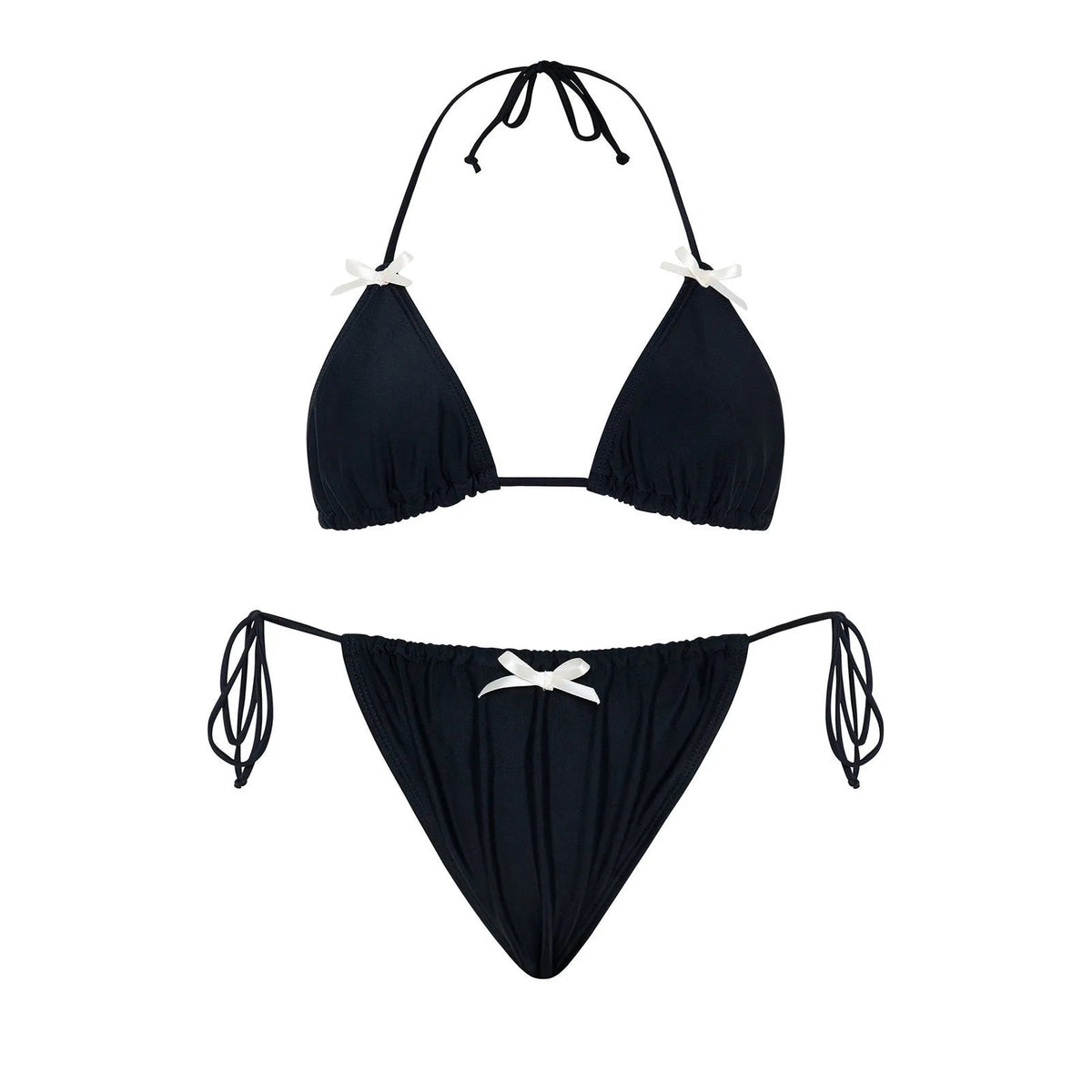 Women's polyester two-piece bikini swimsuit with solid colour, backless top, bow tie detail, sizes S M L