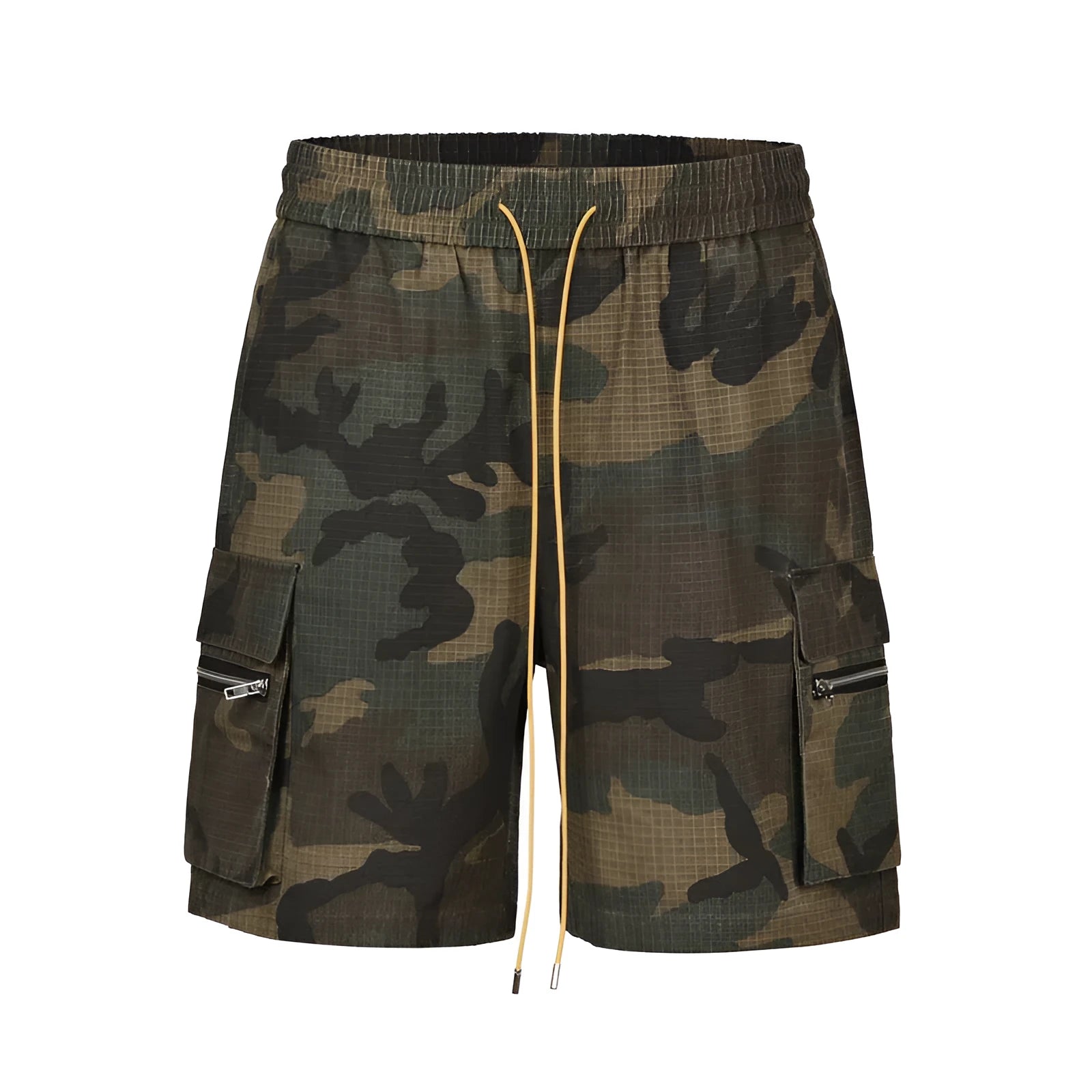 Green H215 cotton camouflage work shorts with multiple bags and a loose, mid-waist fit.
