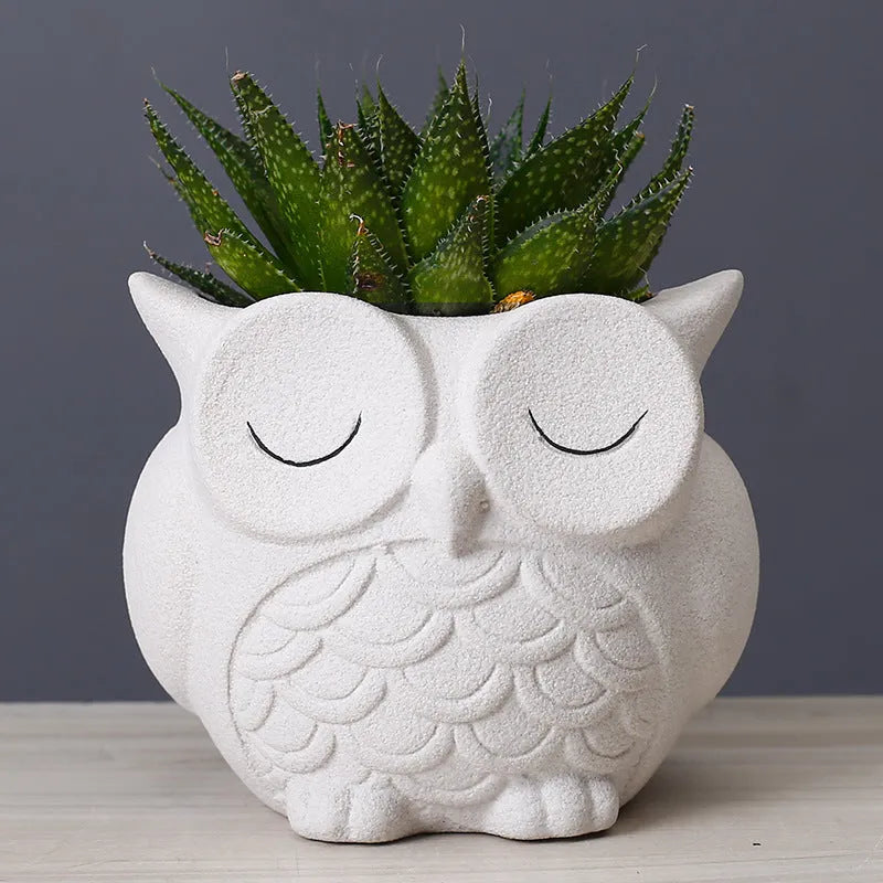 Handmade frosted ceramic owl succulent pot in pastel colour on a wooden surface.