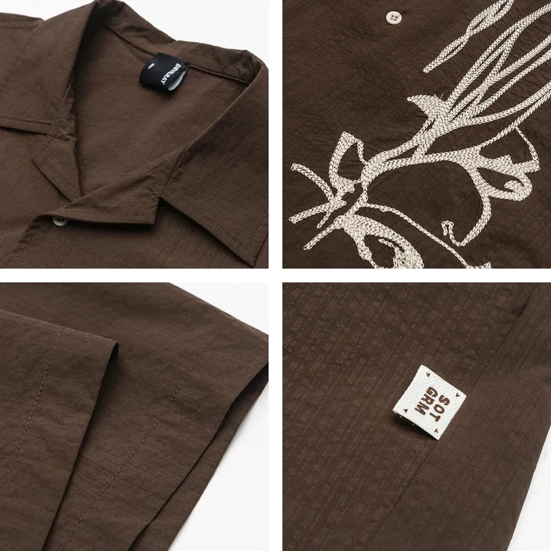 Men's brown striped Cuban collar short sleeve outdoor shirt