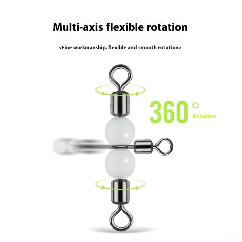 Copper three-fork fishing lure swivel beads with luminous material and eight rotating rings.