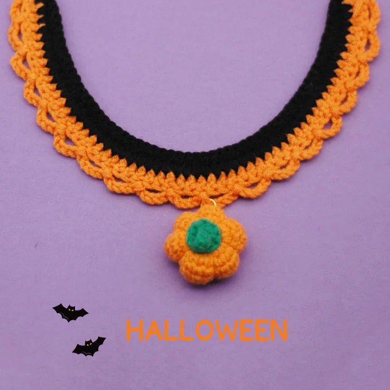 Hand crocheted wool Halloween pet collar in pumpkin colours with adjustable sizing