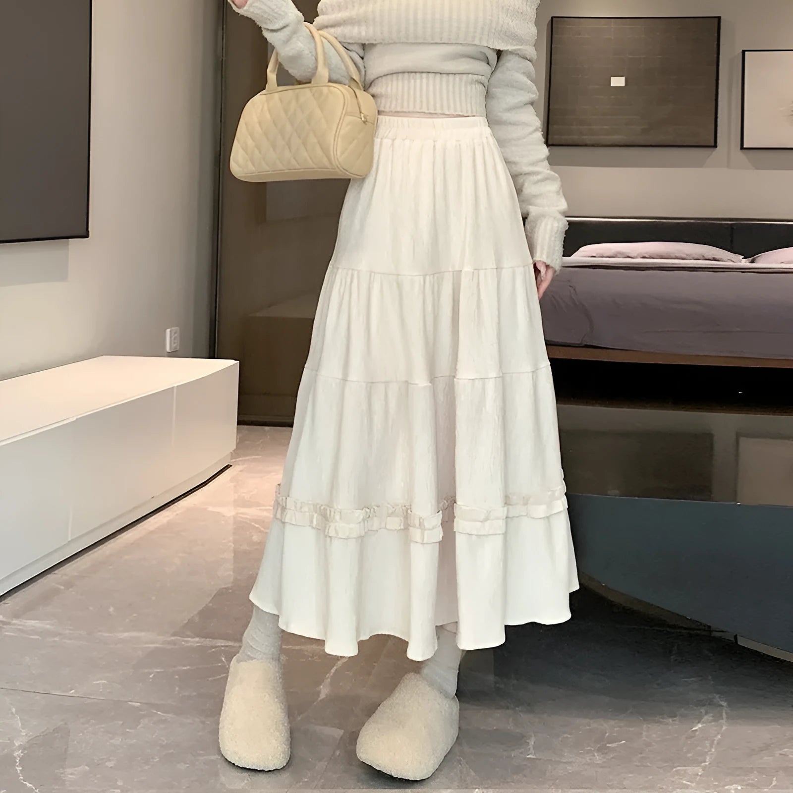 Corduroy A-line midi skirt with elastic waistband in beige, black or brown solid colour