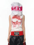Black sleeveless t-shirt with half turtleneck collar and printed character design