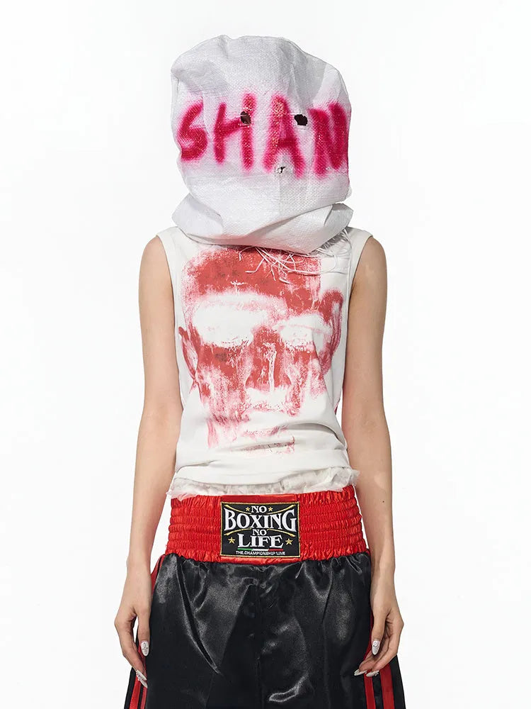 Black sleeveless t-shirt with half turtleneck collar and printed character design