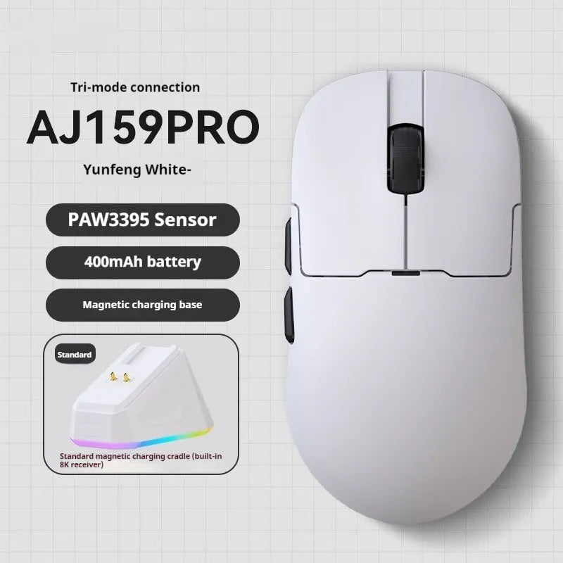 AJ159 gaming mouse in various colours showing compact design with Teflon feet.
