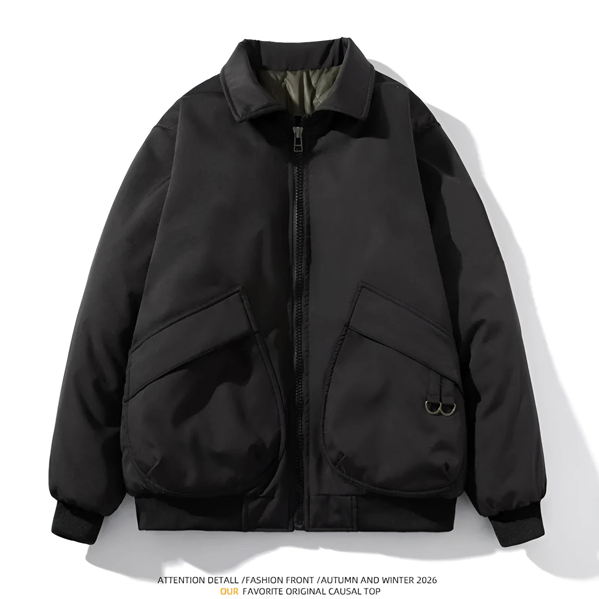 Men's loose fit bomber jacket with raglan sleeves, available in black, army green or light green, winter thickened or thin.