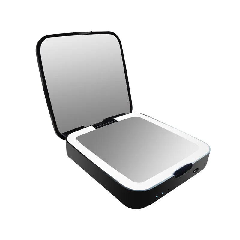 Black and white lighted vanity makeup mirror showing 4x magnifying side and regular mirror with adjustable LED lights.