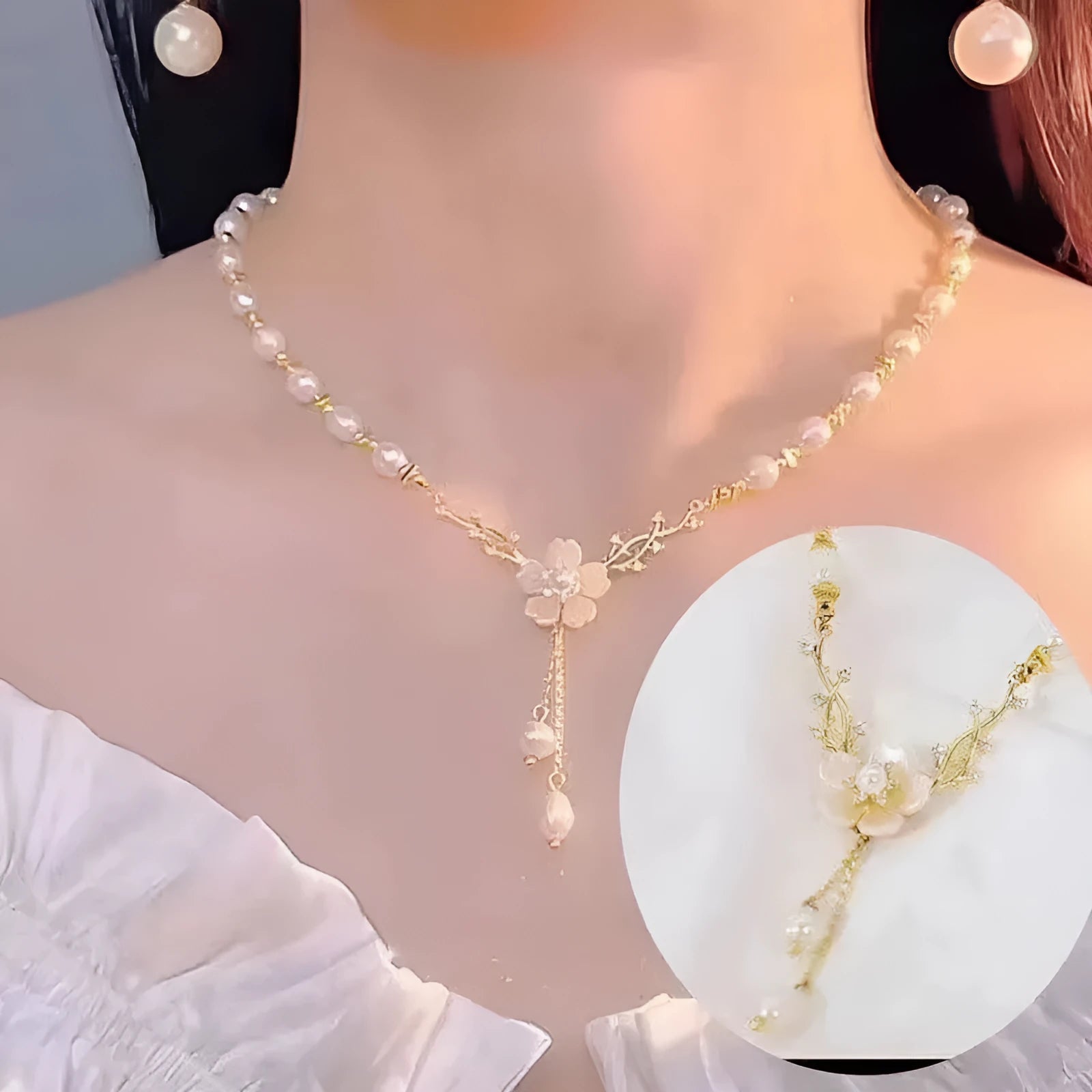 Alloy necklace with pearl flower pendant and floral design elements