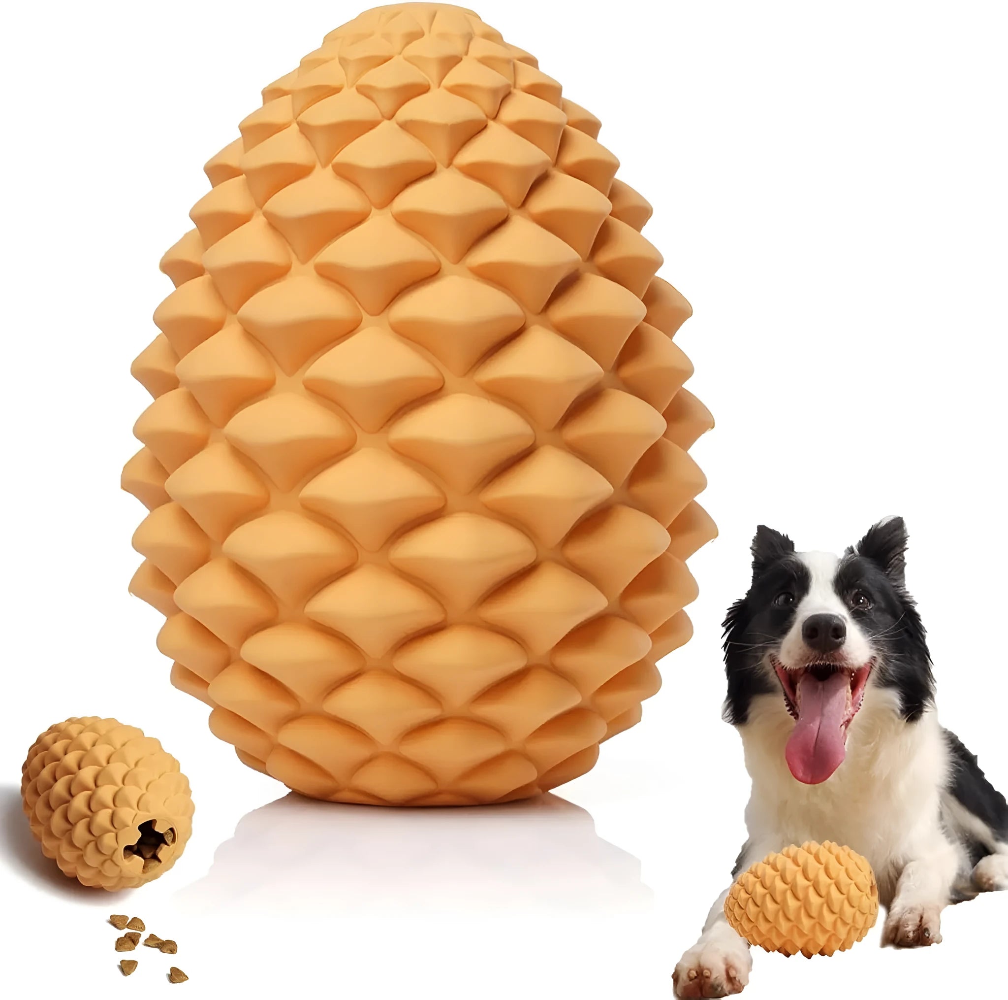 Yellow pine cone shaped tough rubber dog toy with treat dispenser for large dogs.