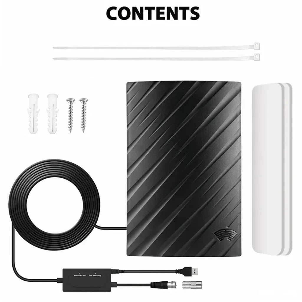 Black indoor digital television antenna with amplifier next to mounting screws, tubes, cable ties, and adhesive tape.