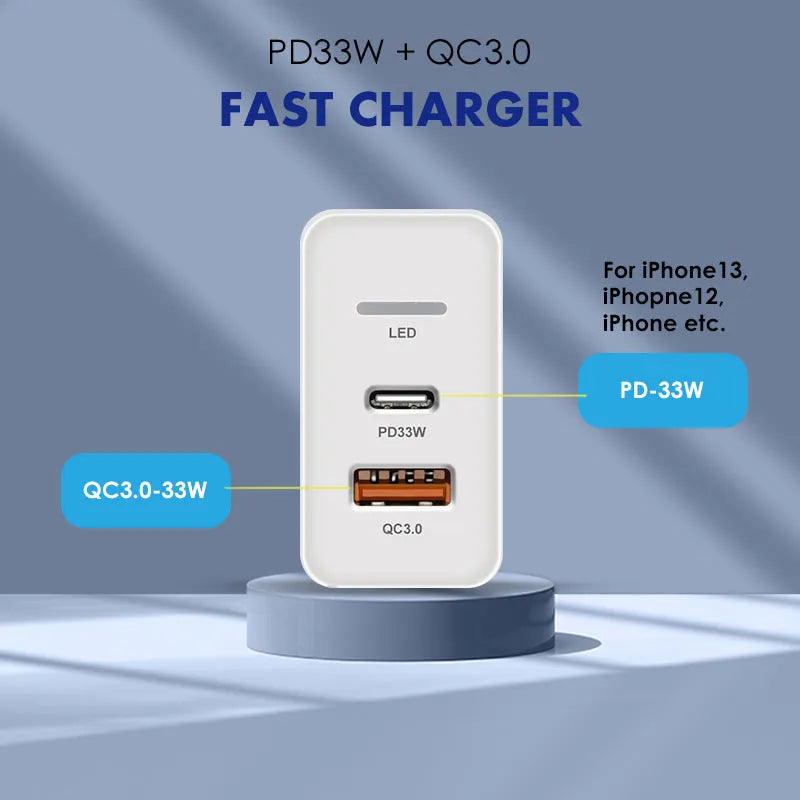 PD48W travel charger with USB-C port and multiple plug variants for UK, EU and US regions