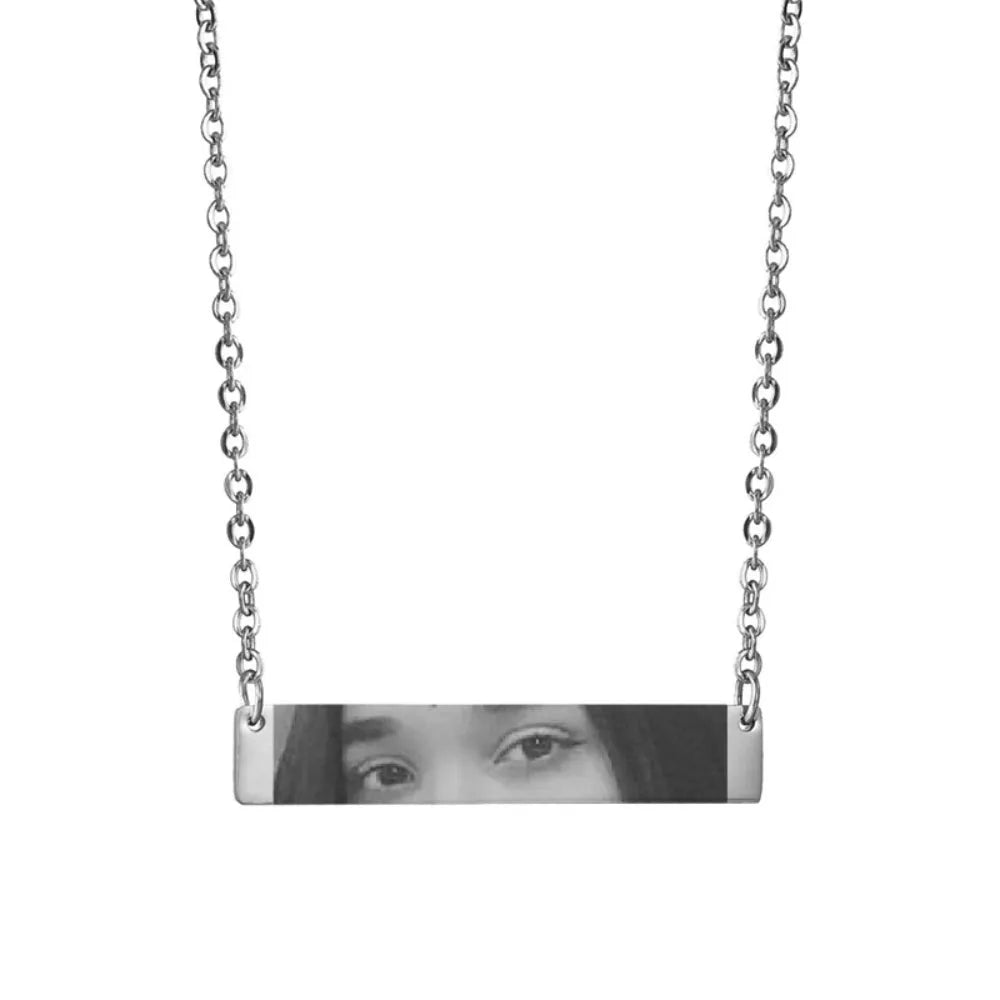 Custom stainless steel photo necklace with engraved eye design, geometric shape, and electroplating finish in a range of colours