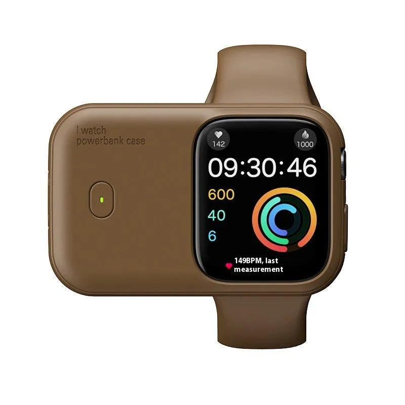 Apple Watch portable wireless charging power bank case in brown, midnight blue, and starlight colours