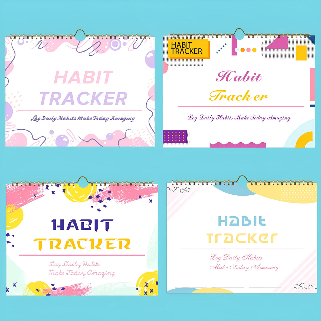 Habit tracking journal with 12 pages measuring 21cm by 28cm in four colour options