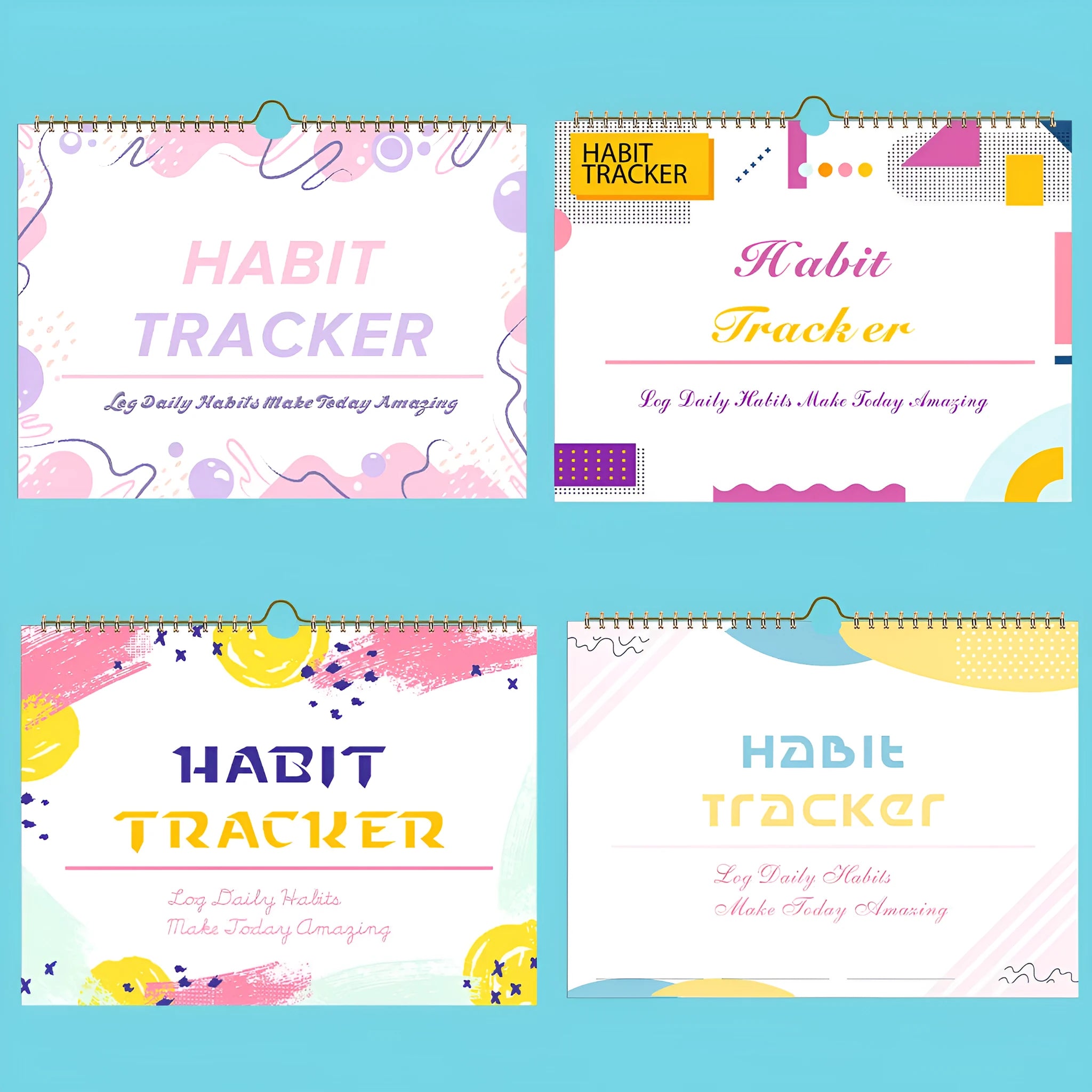 Habit tracking journal with 12 pages measuring 21cm by 28cm in four colour options
