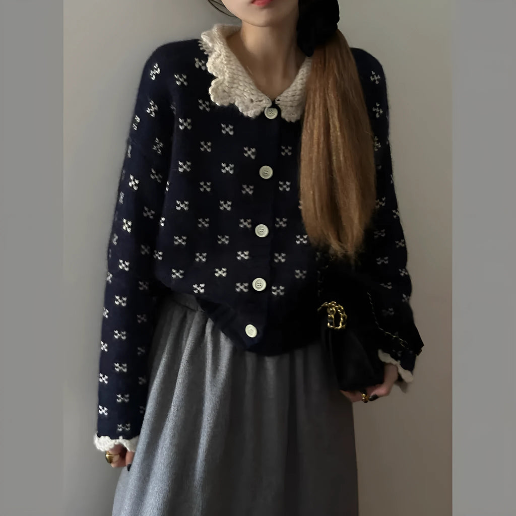 Retro Peter Pan collar floral knitted cardigan coat in casual style