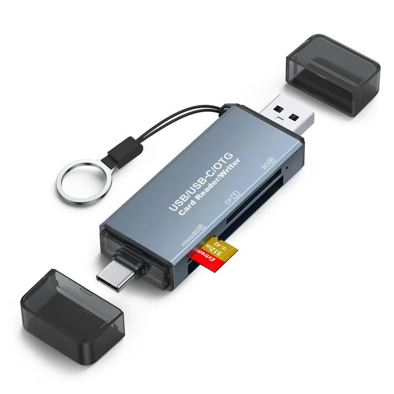 Compact aluminium alloy USB card reader for CF, SD, and TF memory cards on a desk.
