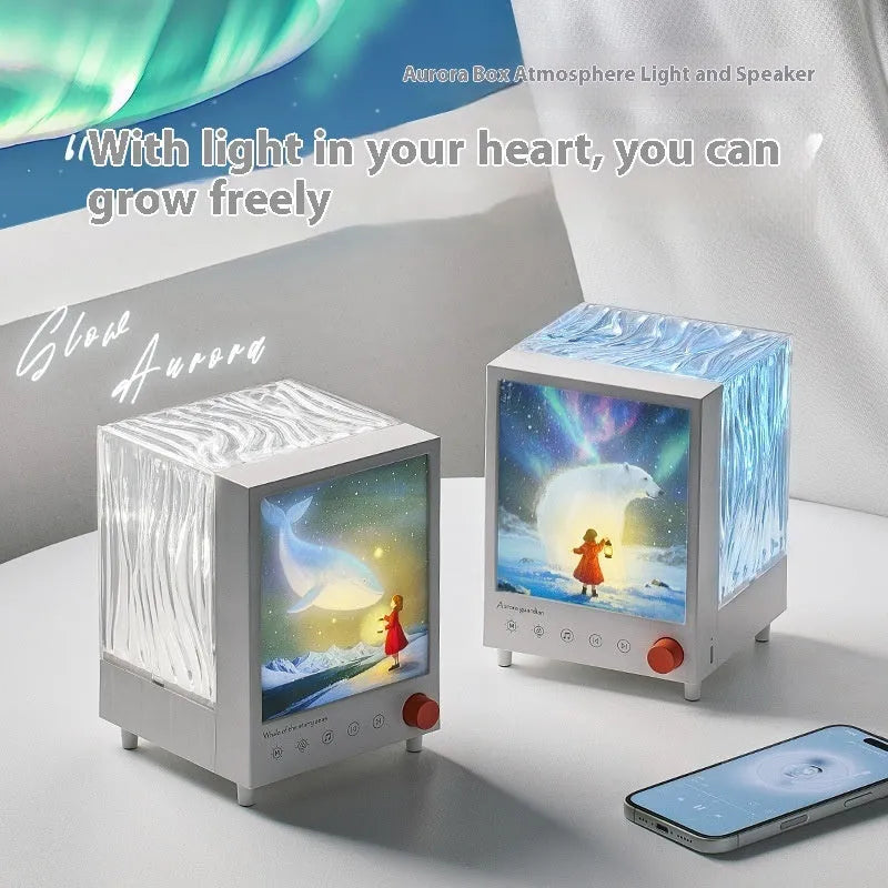 Aurora Treasure Box atmosphere projection lamp showing starry sky and whale light effects.