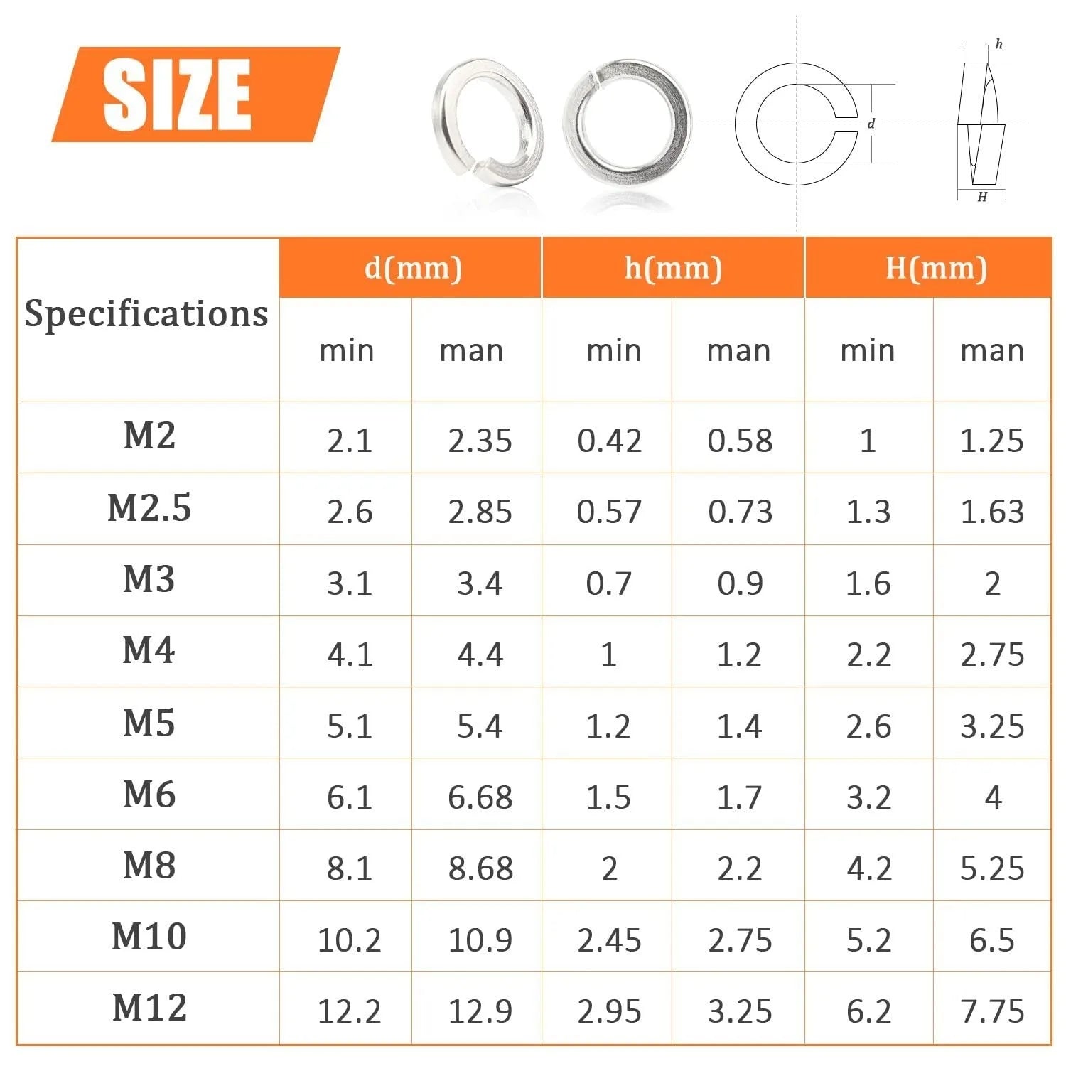 304 stainless steel spring lock washer combination box with 900 pieces in various sizes from 2-12mm inner diameter