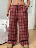 Women's blue plaid pocket casual trousers with drawstring waist and loose fit