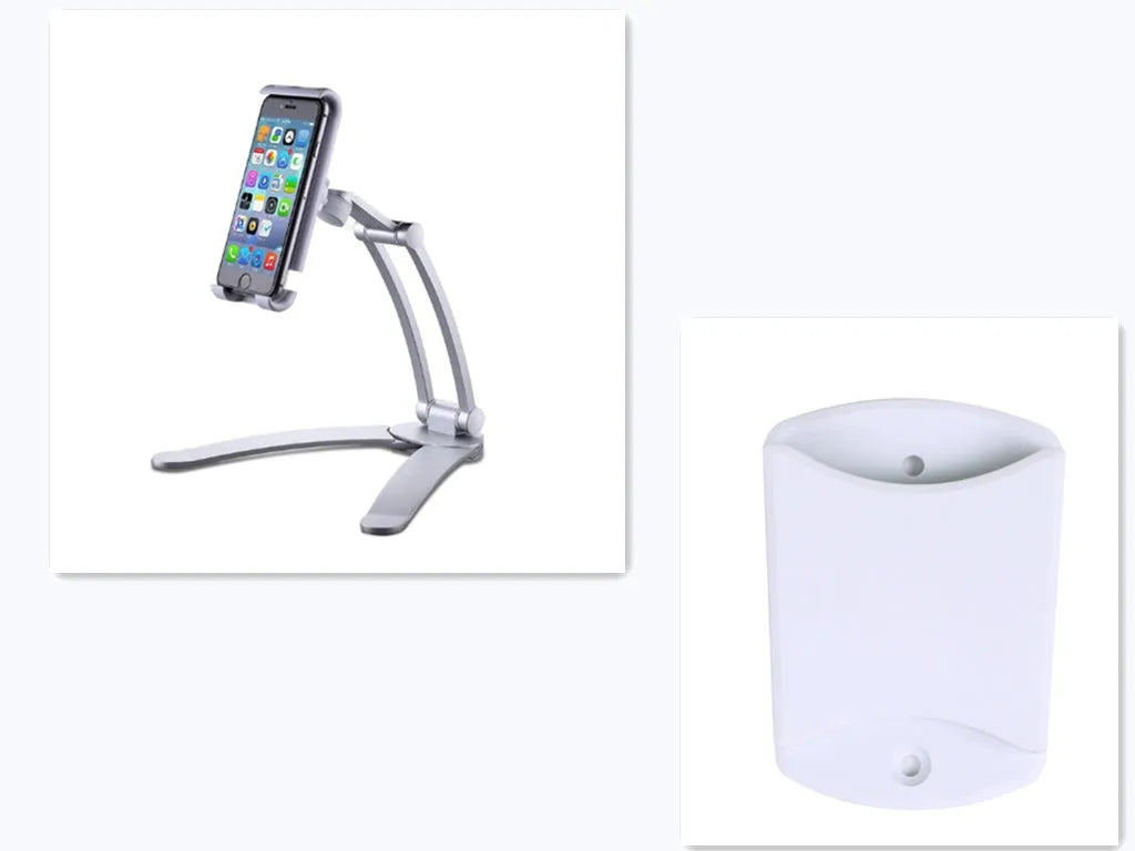 Silver aluminum alloy desktop stand holding a tablet at an angle, showing its adjustable clip and 360-degree rotation base.