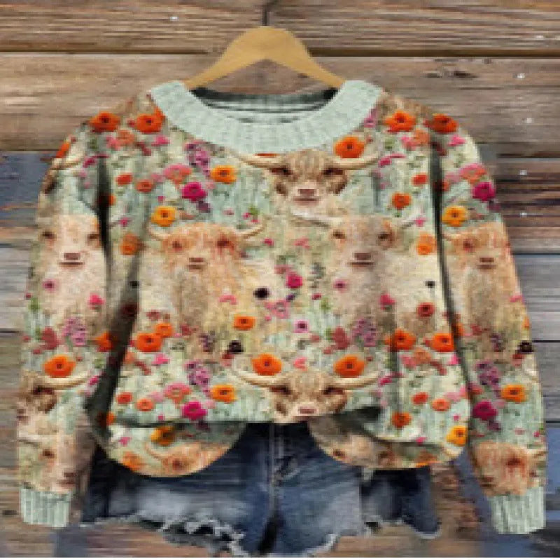 Women's round neck long sleeve sweater with a digital floral print pattern.