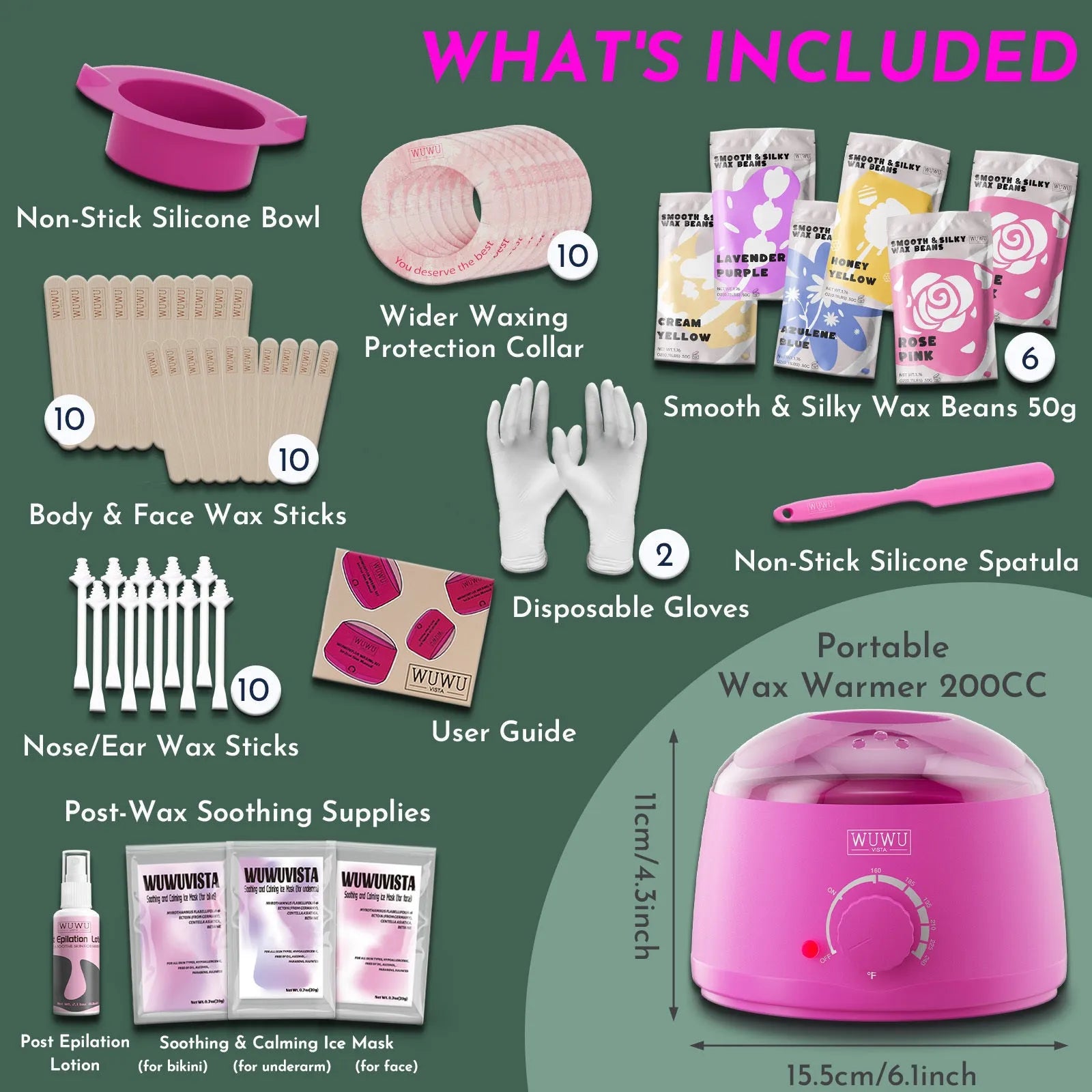 WUWUVISTA 56-piece professional waxing kit with black wax warmer, pots of coloured wax beads, applicators, and aftercare products.