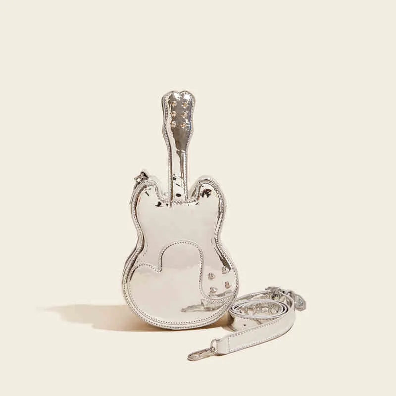 Guitar-shaped creative arts crossbody shoulder bag with adjustable strap in multiple colours