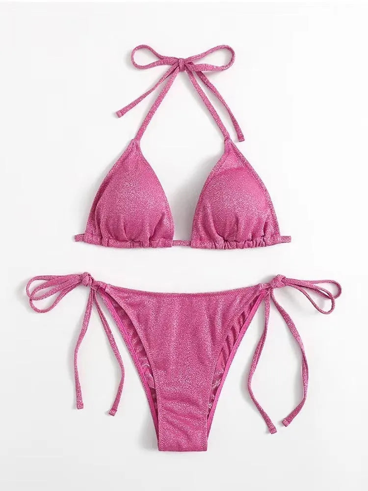 Women's bandage style bikini swimsuit set in polyester, shown in khaki gold colour.