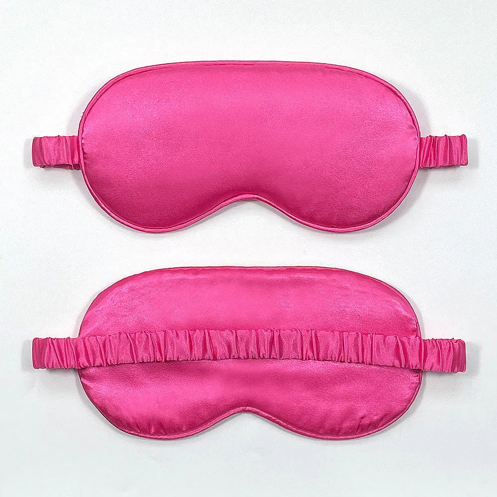 Double-sided rayon elastic satin sleep mask shown in multiple colour options including black, sky blue, and wine red.