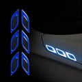 Blue reflective bumper strips for car wheels showing 17mm width and resin construction