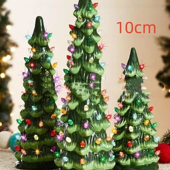 Resin Christmas tree decoration with lights in European style, shown in 20cm, 25cm, and 30cm sizes.