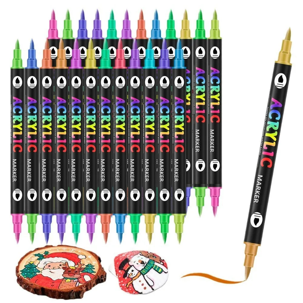 Set of double-headed acrylic marker pens showing fine and broad tips, in assorted opaque colours.