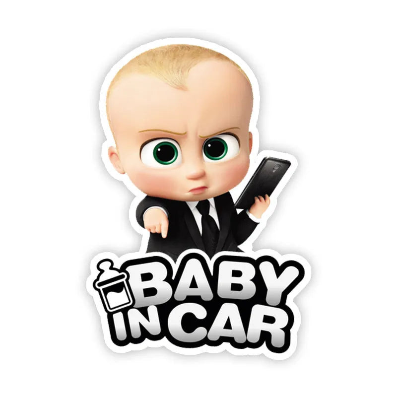 Baby on Board reflective car stickers showing baby and bottle designs in PET material for vehicle safety