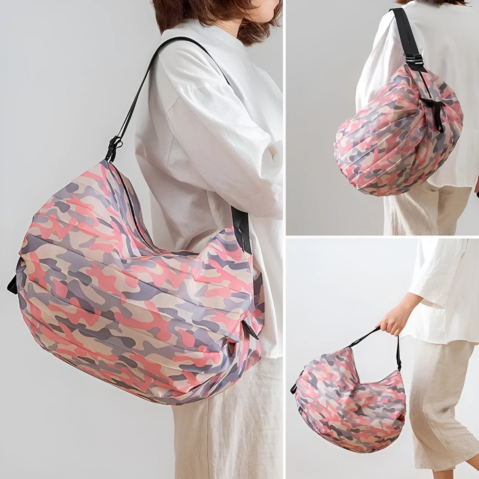 Foldable storage tote bag in pink camouflage 210d Oxford cloth for hanging organisation