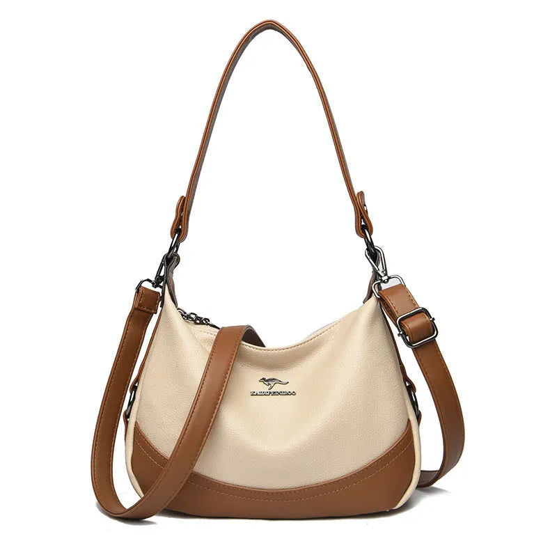 Fashion ladies large capacity shoulder bag in PU leather, horizontal square shape, 30x8x21cm, apricot with khaki colour