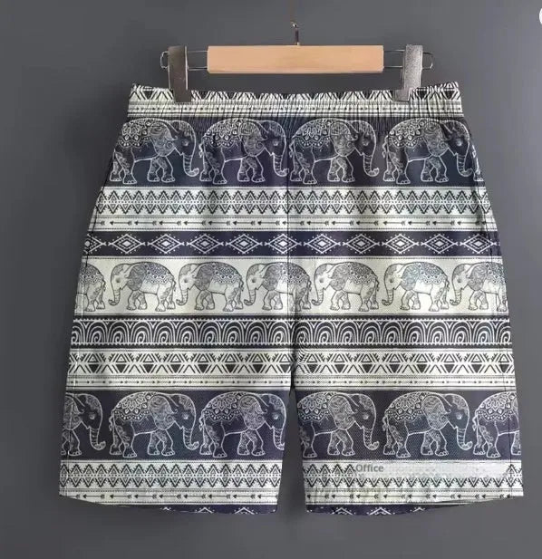 Men's patterned casual shorts in polyester fabric, showing examples of stripe, plaid, and camouflage designs.