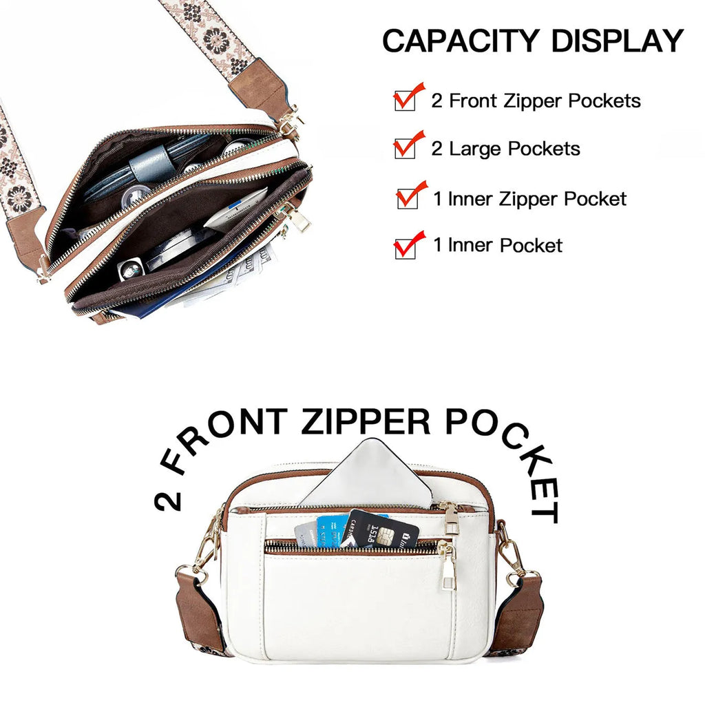 Triple-zipper shoulder bag with floral embroidered straps in colourblock finish for women