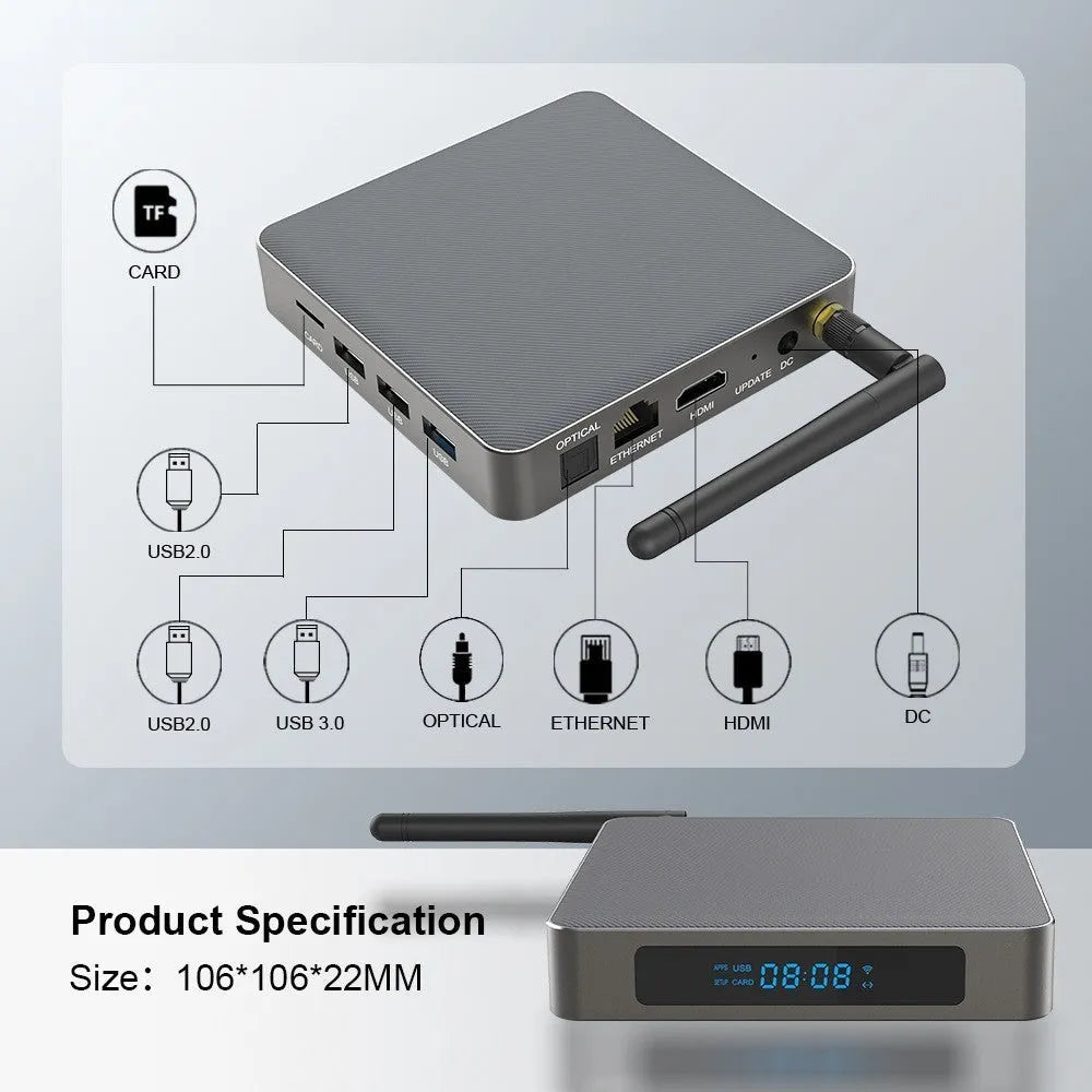 Black Android 8K TV set-top box with remote control, UK plug, and HDMI cable on a wooden surface.