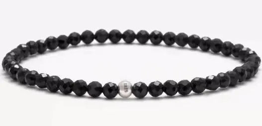 Geometric agate bracelet with obsidian, blue san and cut surface black agate beads