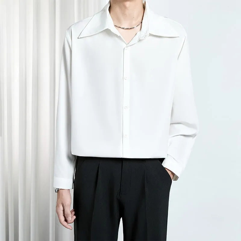 Men's loose non-iron polyester shirt in black and white, front view, with casual styling