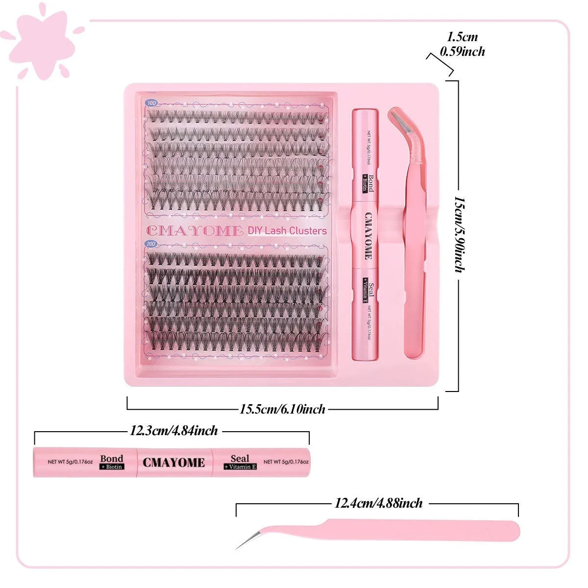 DIY single cluster individual false eyelashes set with artificial fibre mixed split type design showing 15.5 cm length