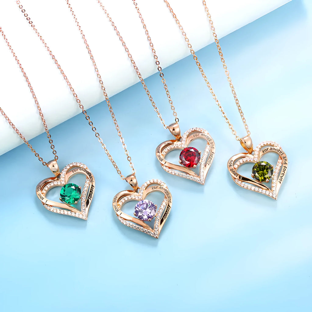 925 silver twelve birthstone pendant necklace with heart shape, rhinestones, and adjustable chain in platinum and rose gold
