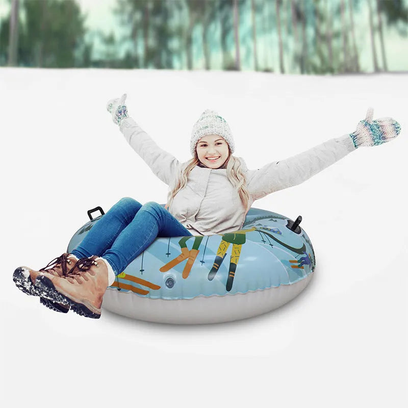 Colourful PVC ski ring toy with printed mountain design for outdoor snow play.