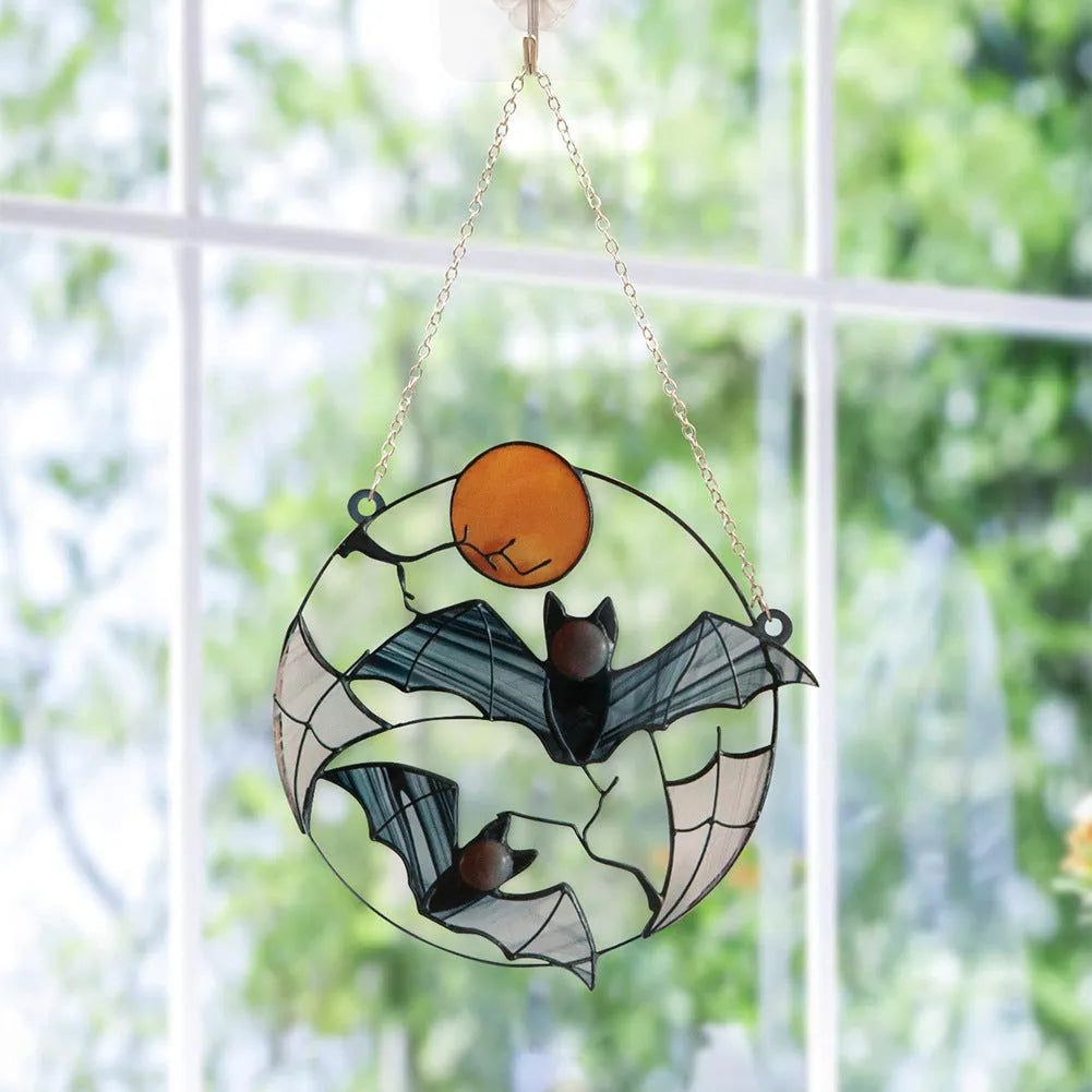 Moon bat decorative acrylic pendant with engraved and printed bat design on clear background, 15.3cm x 15cm