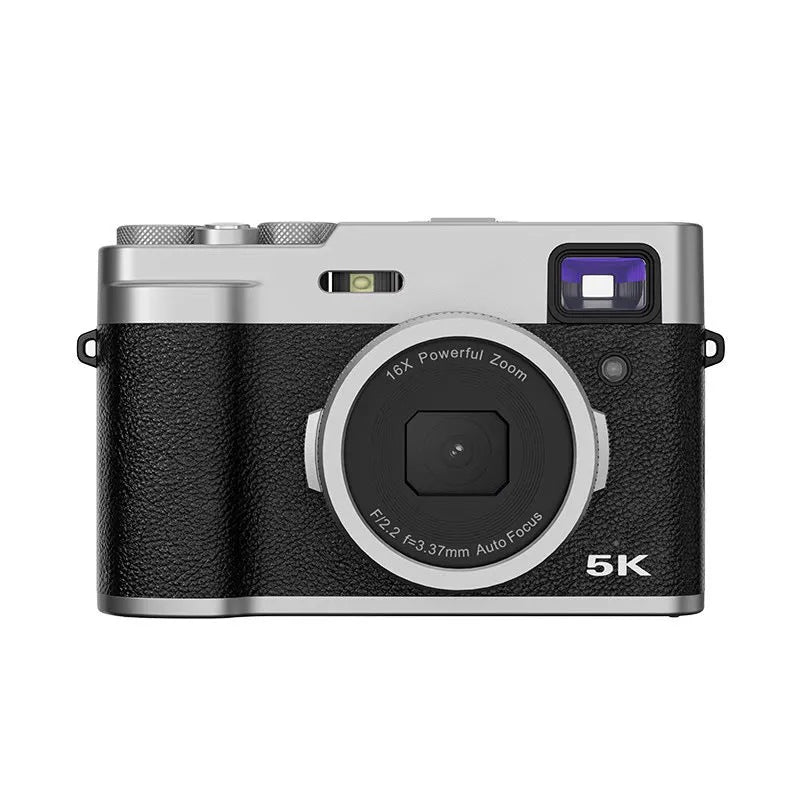 Black or brown 5K HD digital camera with front and rear lenses, optical viewfinder, and 2.88-inch screen.