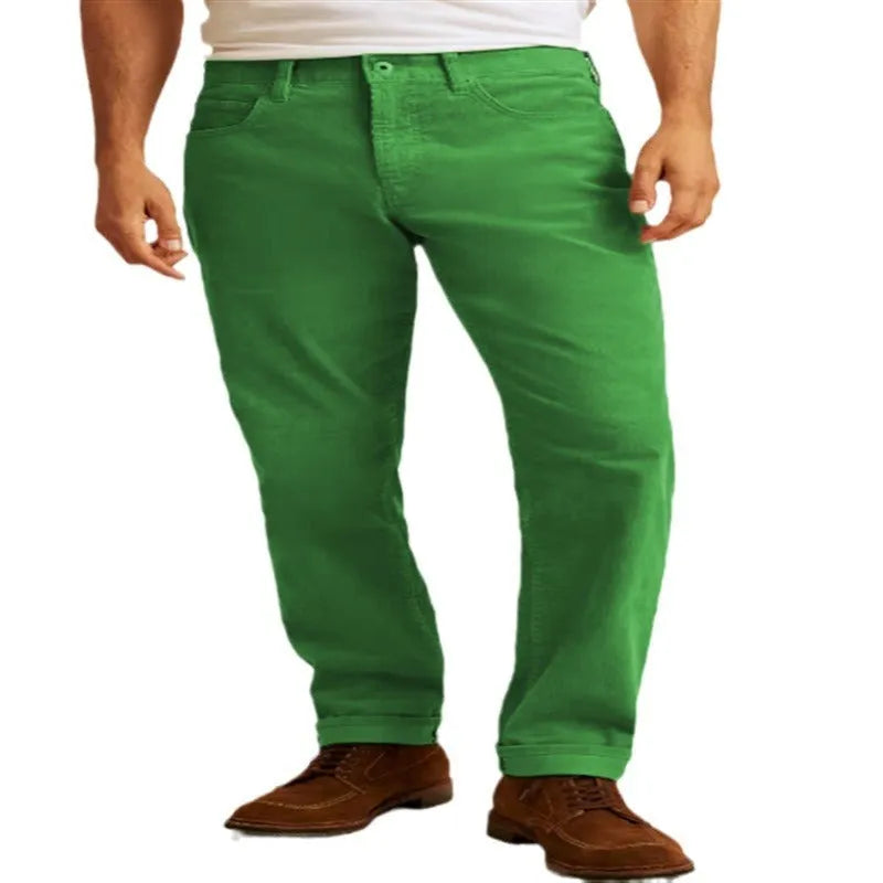 Army green corduroy straight-leg casual trousers laid flat, showing mid-waist and zip fly.